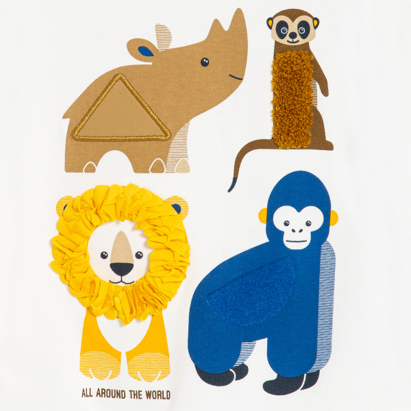 تيشيرت برسوم حيوانات صغيرة بارزة باللون الأبيض للأولاد الصغار